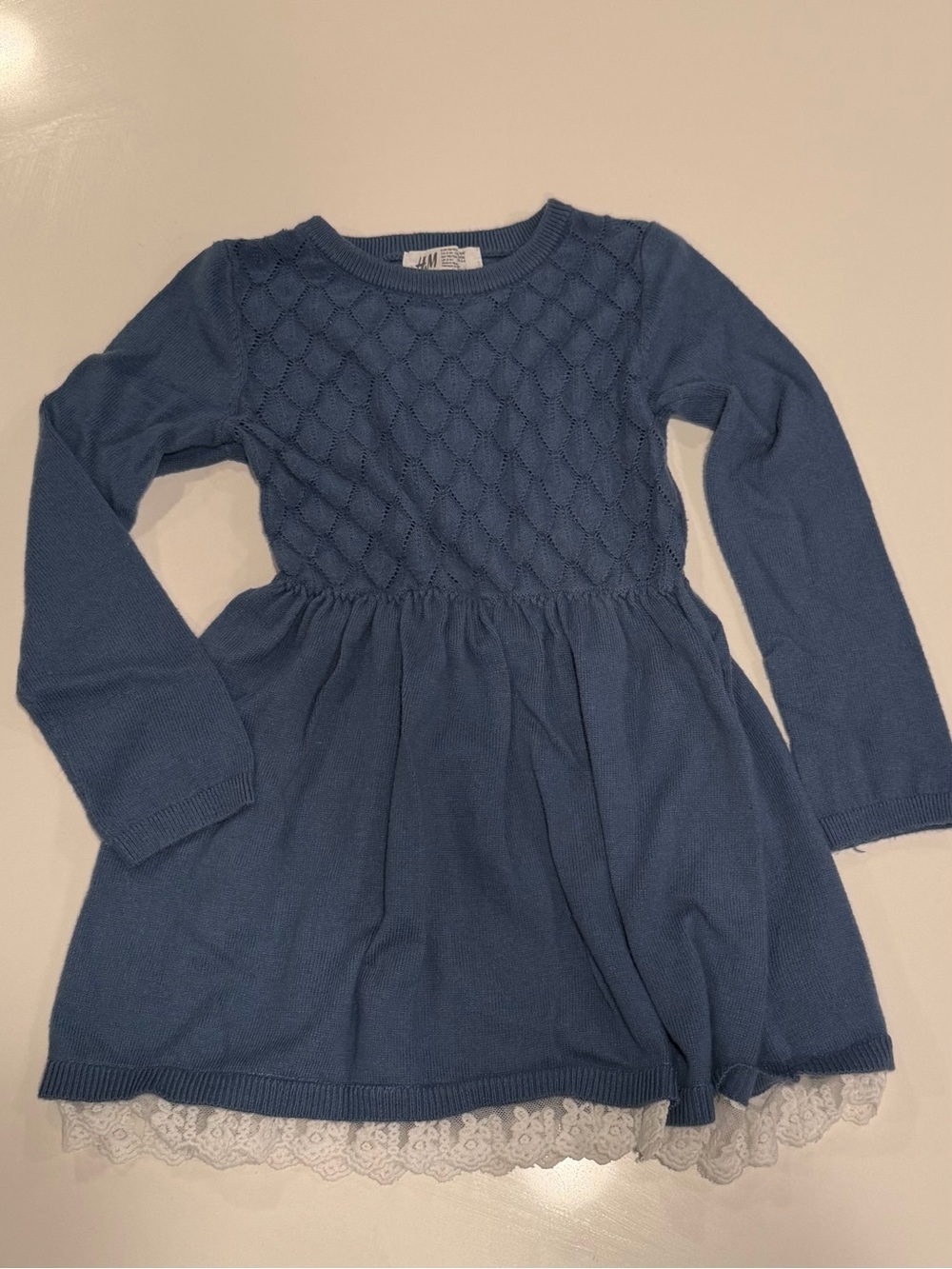H&M Girls' Dusty Blue Knit Dress with Lace Trim